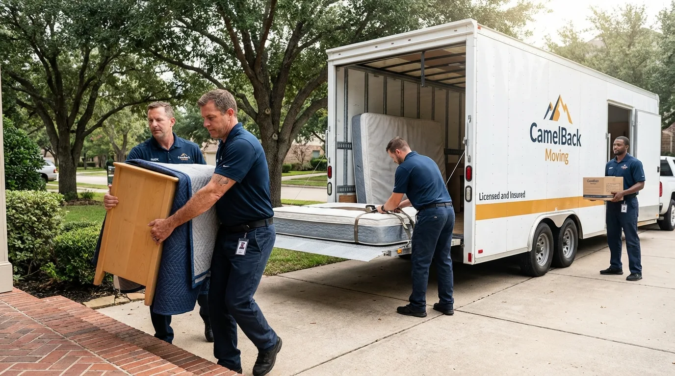 Crew loading residential truck for cross-state move from Fountain Valley, CA