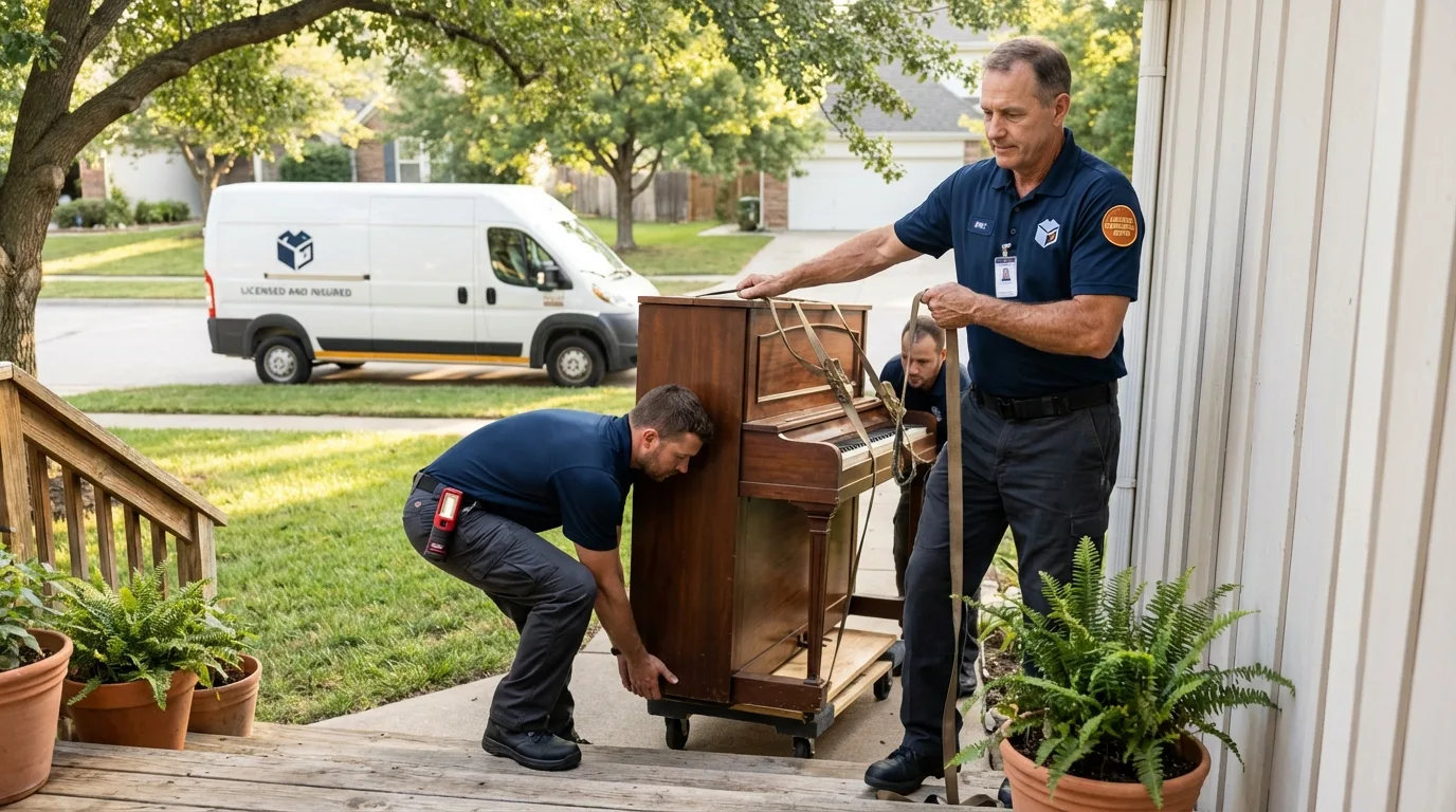 Licensed piano movers securing grand piano in Fountain Valley, CA