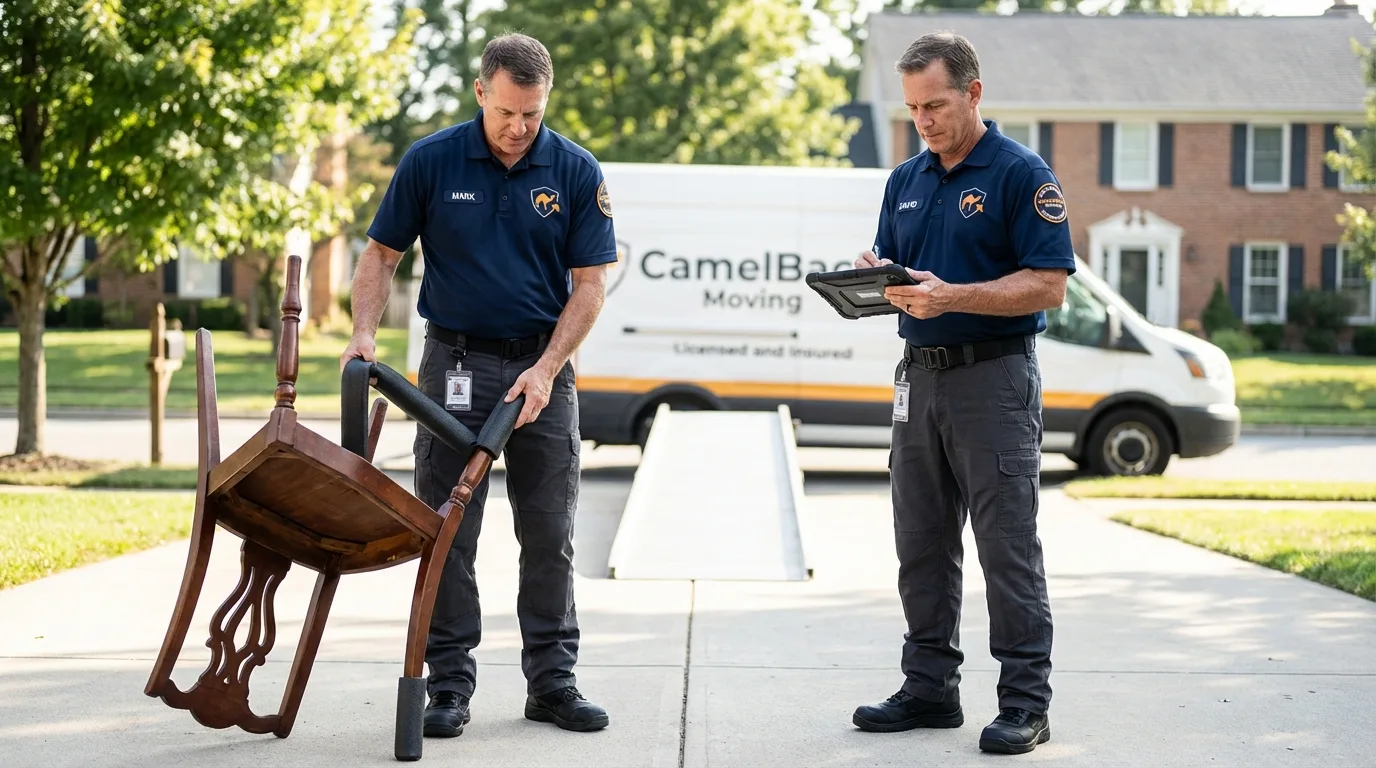 Movers inspecting furniture for damage prevention before loading in Fountain Valley, CA