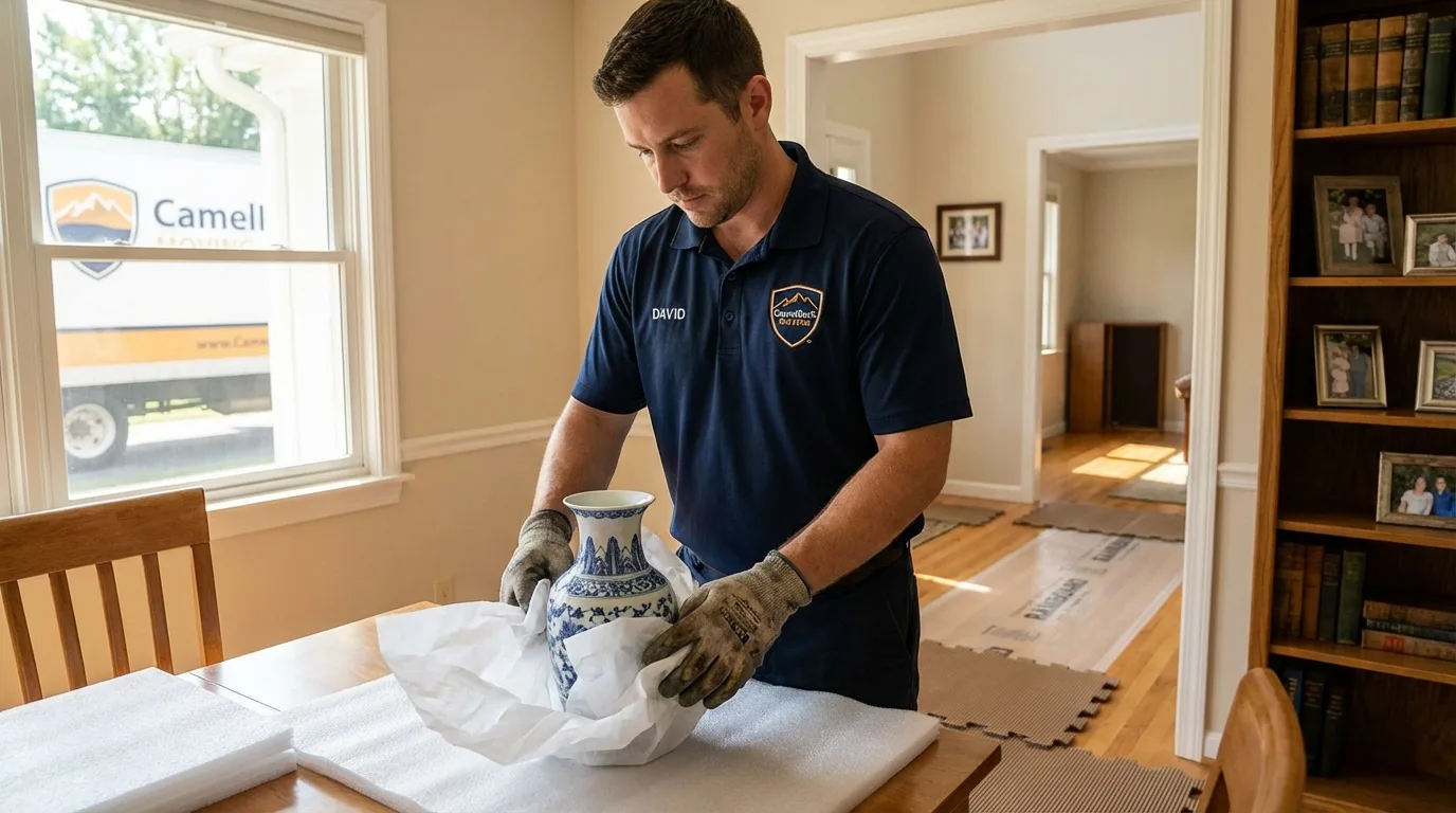 Professional crew carefully wrapping antique vase for senior downsizing move in Fountain Valley, CA
