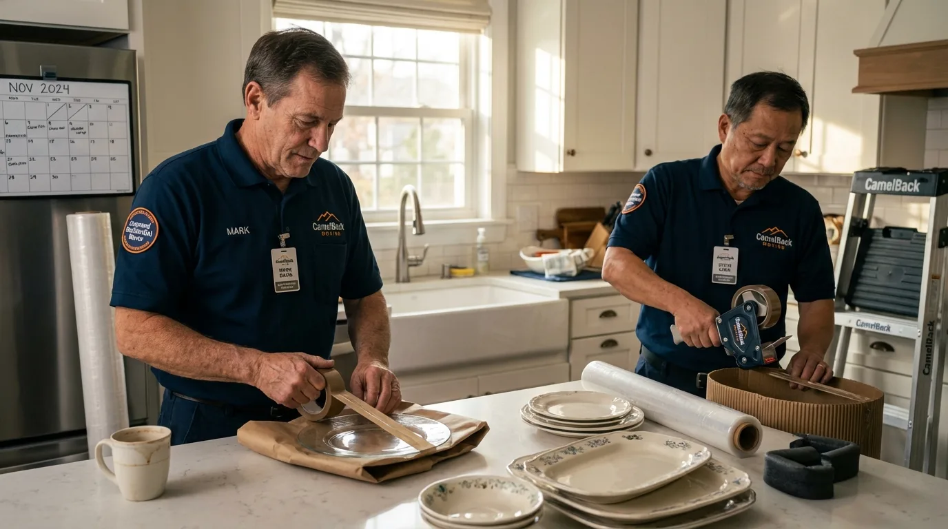 Professional crew packing kitchen dishware in Fountain Valley, CA